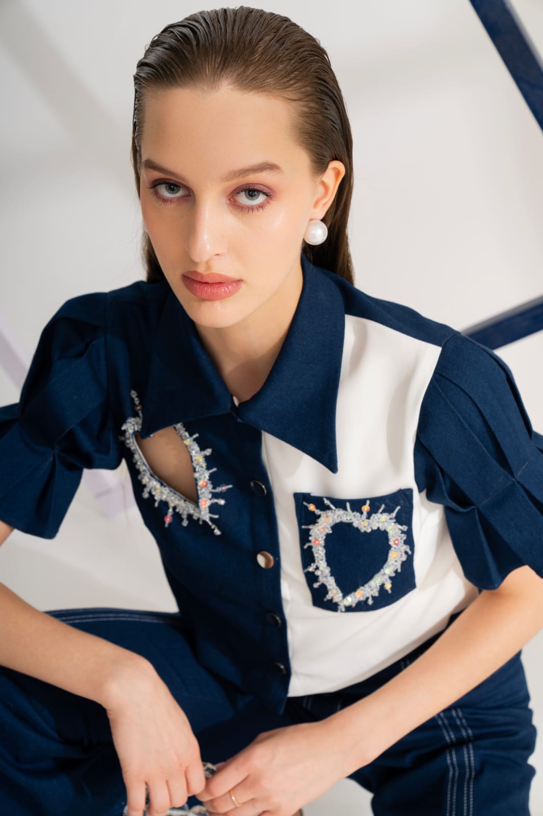 MIDNIGHT BLUE CO-ORD SET WITH CROPPED SHIRT