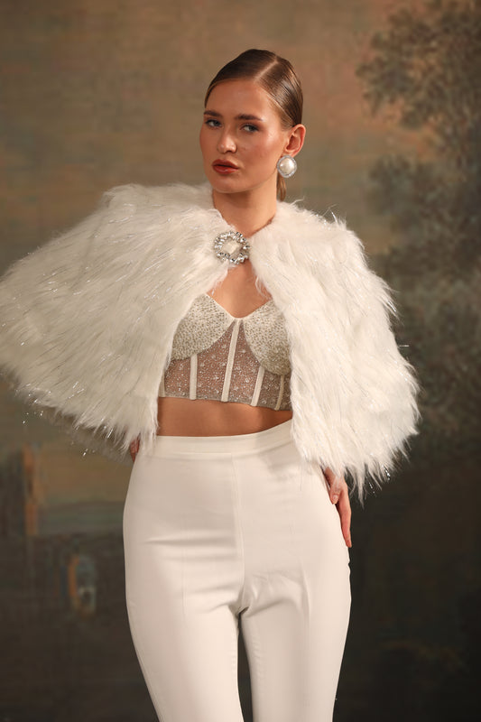 WHITE FUR CAPE CO-ORD SET