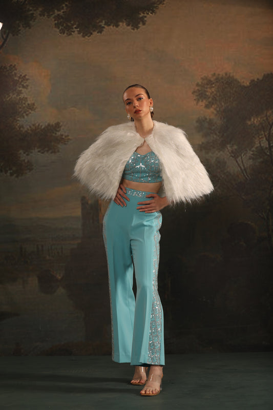 BLUE CO-ORD SET WITH WHITE FUR
