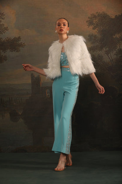 BLUE CO-ORD SET WITH WHITE FUR