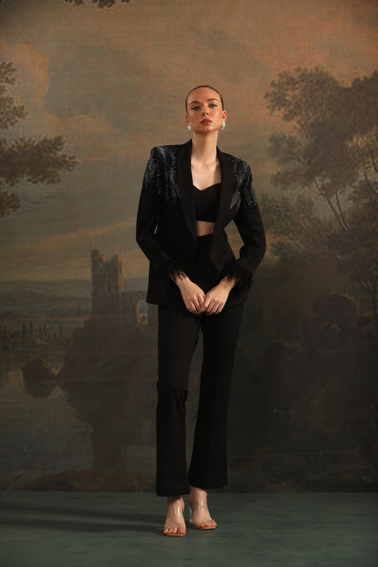 BLACK EMBROIDERED FEATHER PANT SET