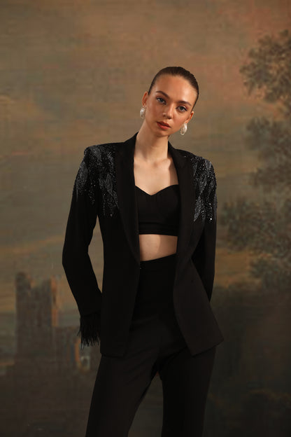 BLACK EMBROIDERED FEATHER PANT SET