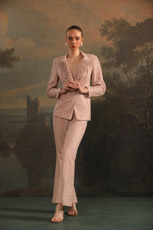 PINK SEQUINE PEARL PANT SET