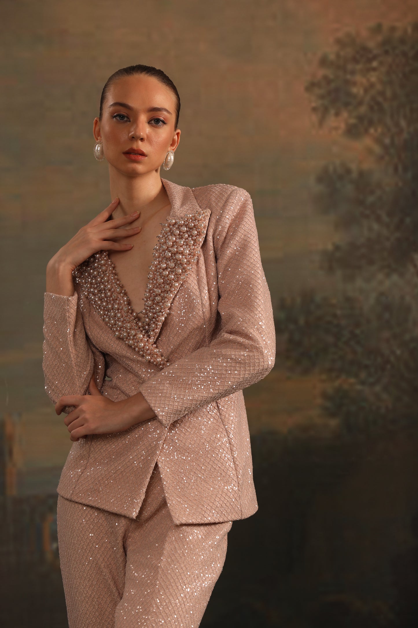 PINK SEQUINE PEARL PANT SET