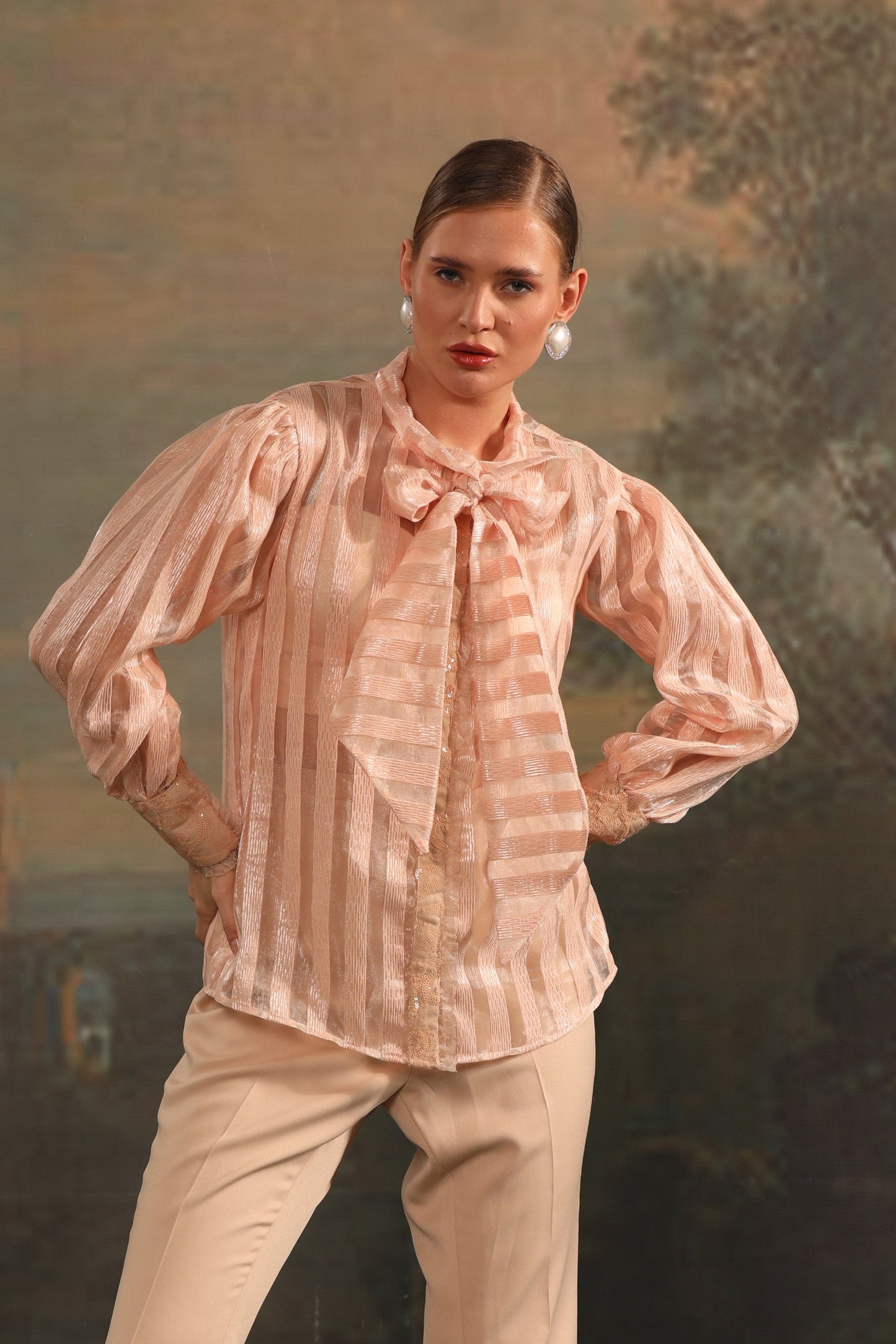 ORGANZA TOP WITH EMBROIDERED BOTTOM