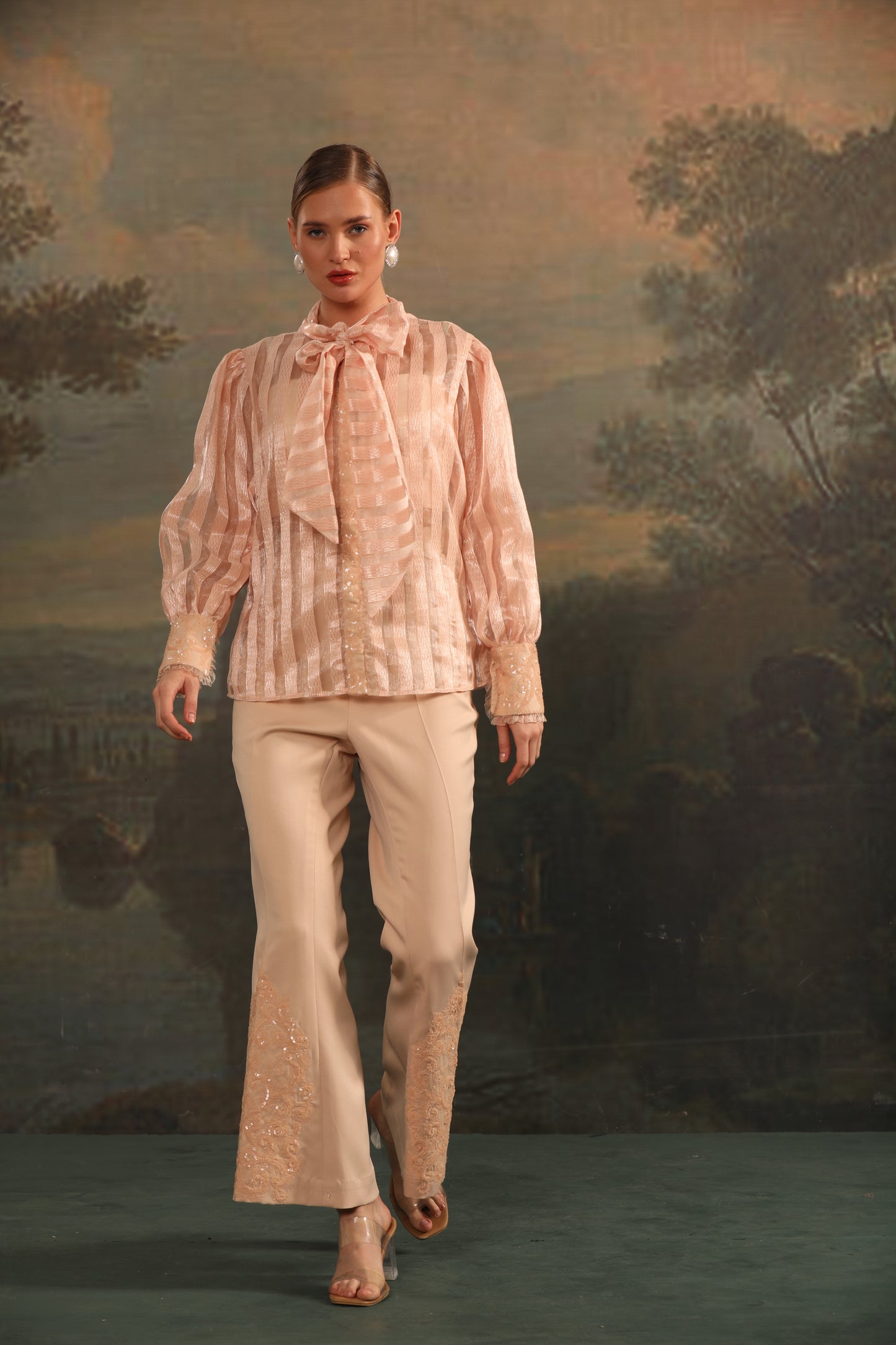 ORGANZA TOP WITH EMBROIDERED BOTTOM