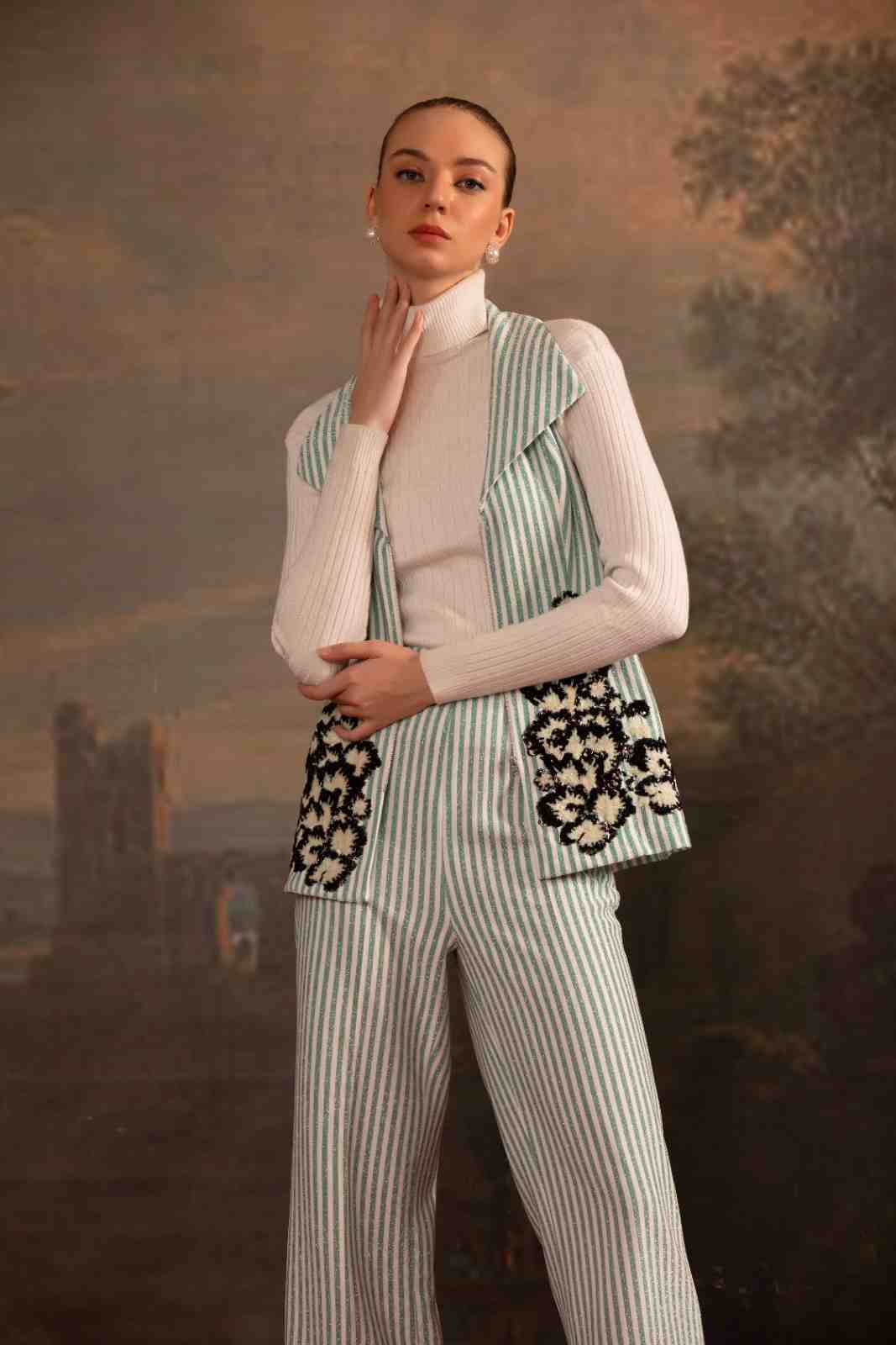 Green Floral Stripped Set