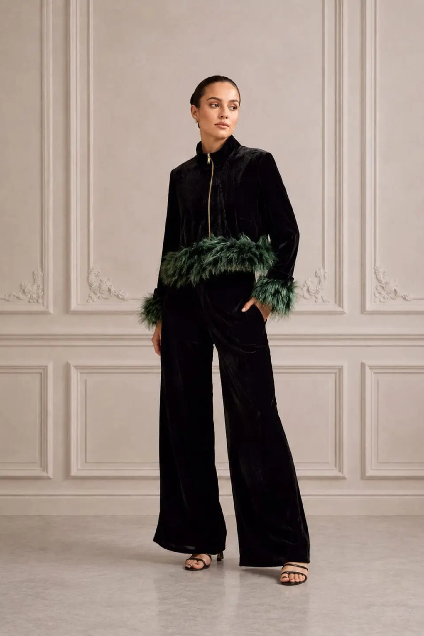 BLACK GREEN CROP FUR TRACKSUIT