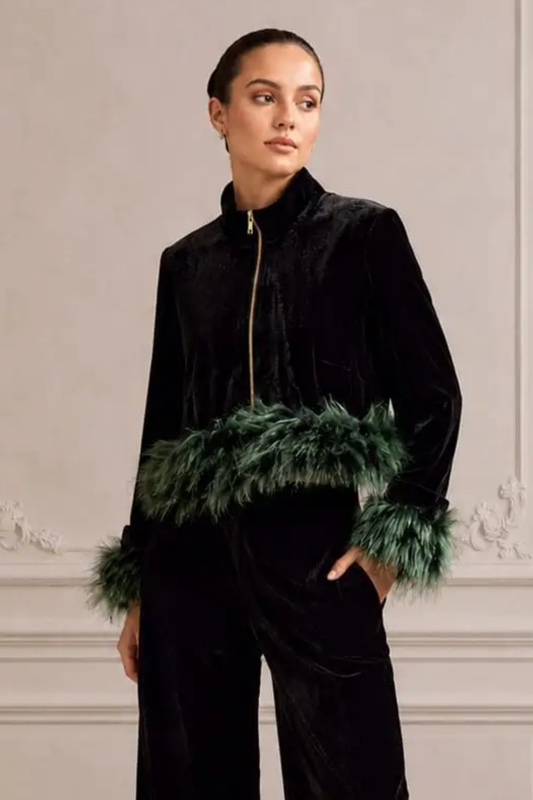 BLACK GREEN CROP FUR TRACKSUIT