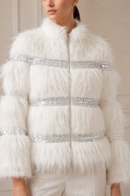 WHITE EMBELLISHED FUR JACKET