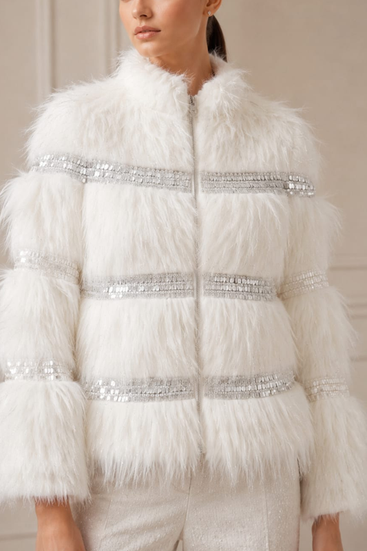 WHITE EMBELLISHED FUR JACKET