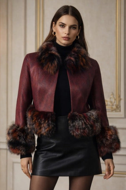 MAROON ANIMAL PRINT FUR JACKET