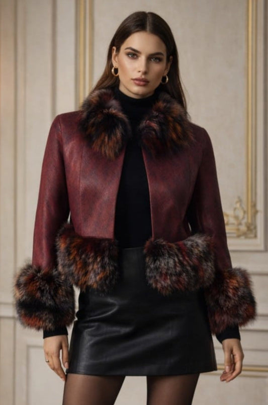 MAROON ANIMAL PRINT FUR JACKET