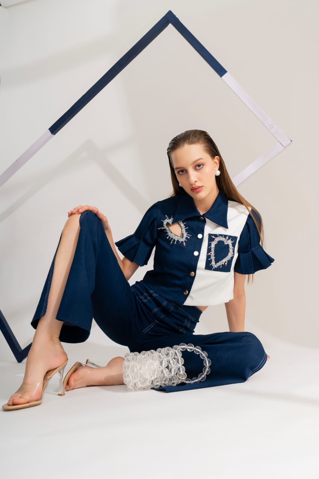 MIDNIGHT BLUE CO-ORD SET WITH CROPPED SHIRT