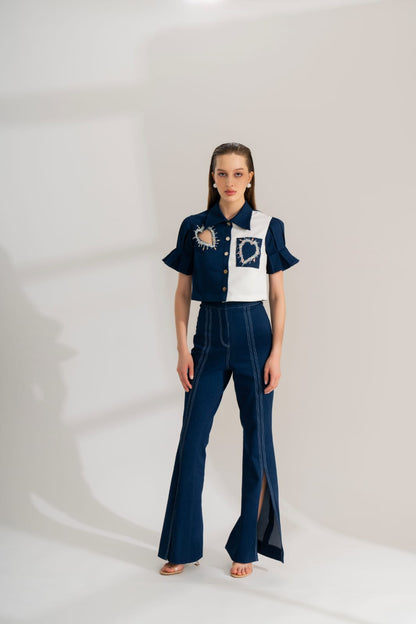 MIDNIGHT BLUE CO-ORD SET WITH CROPPED SHIRT